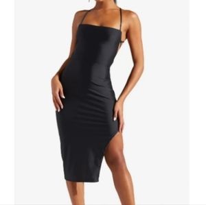 Women's Plus Size Black Backless Midi Dress With Spaghetti Straps Lace Back XXL